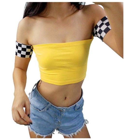 Tops - Checkered Short Sleeve Crop Top